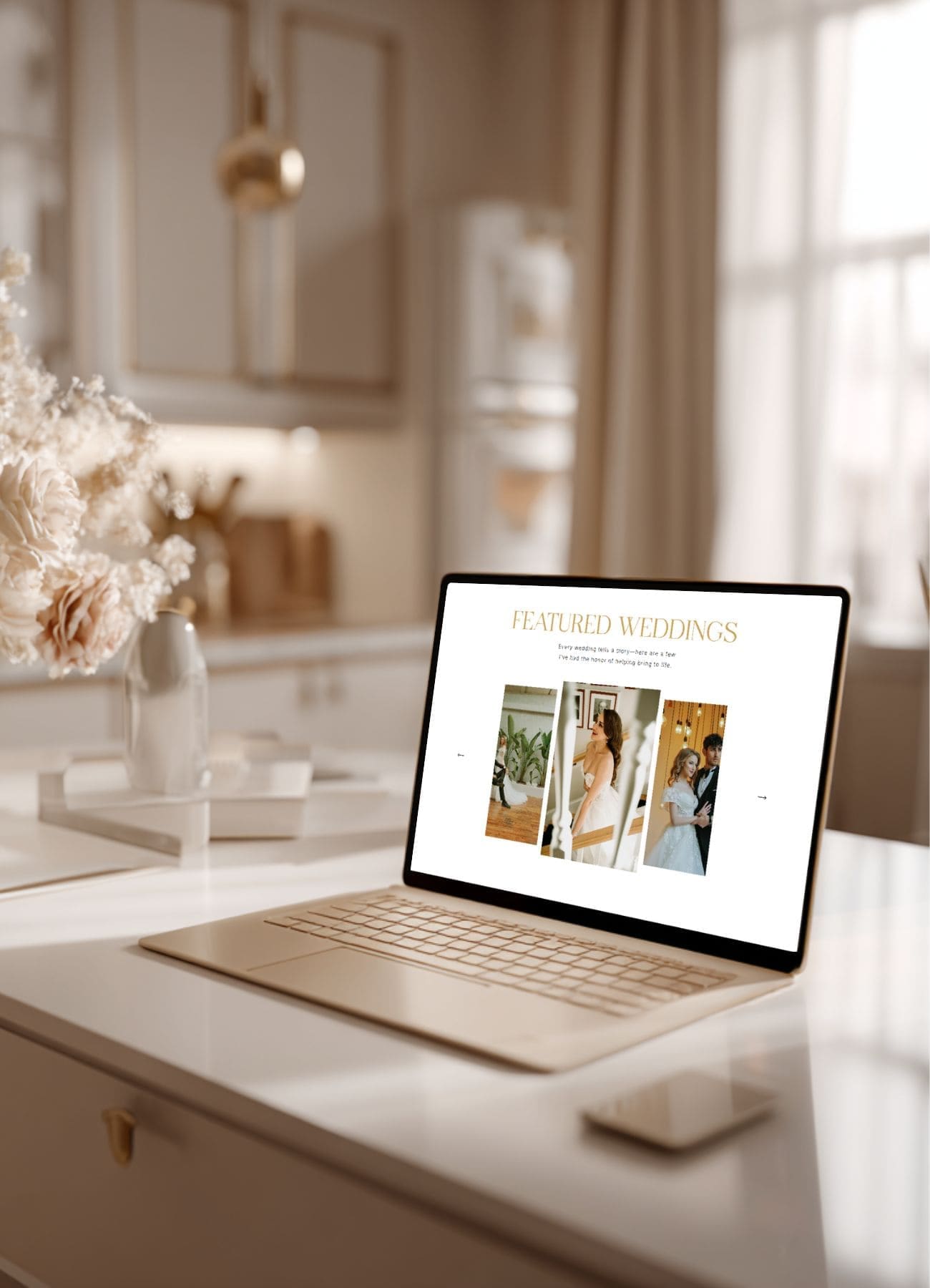 Laptop on a bright modern desk displaying a wedding planner website, a visual example for common website mistakes and smart website design ideas.
