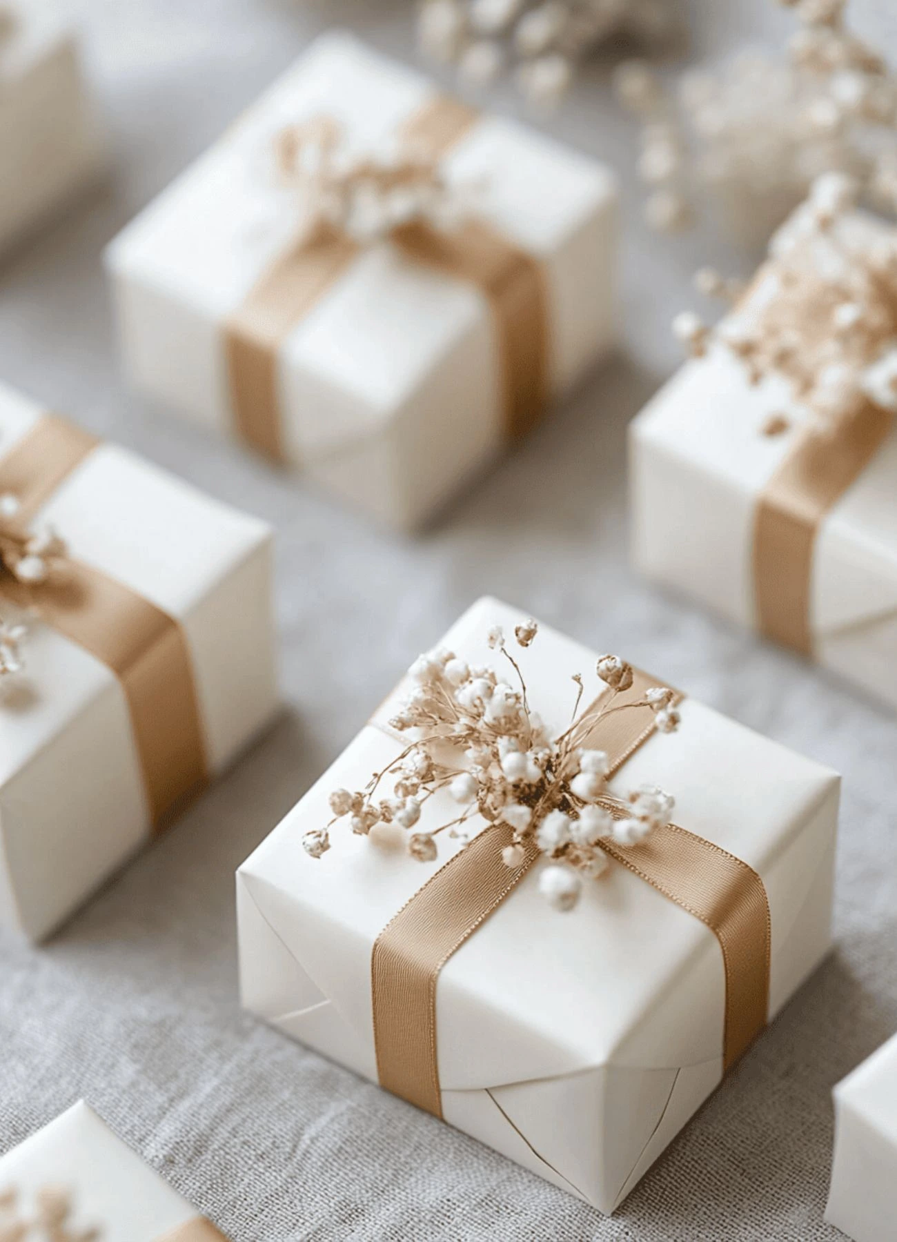Elegant neutral wedding gift boxes, aesthetic image for a blog post on SEO for wedding planners to attract ideal clients.