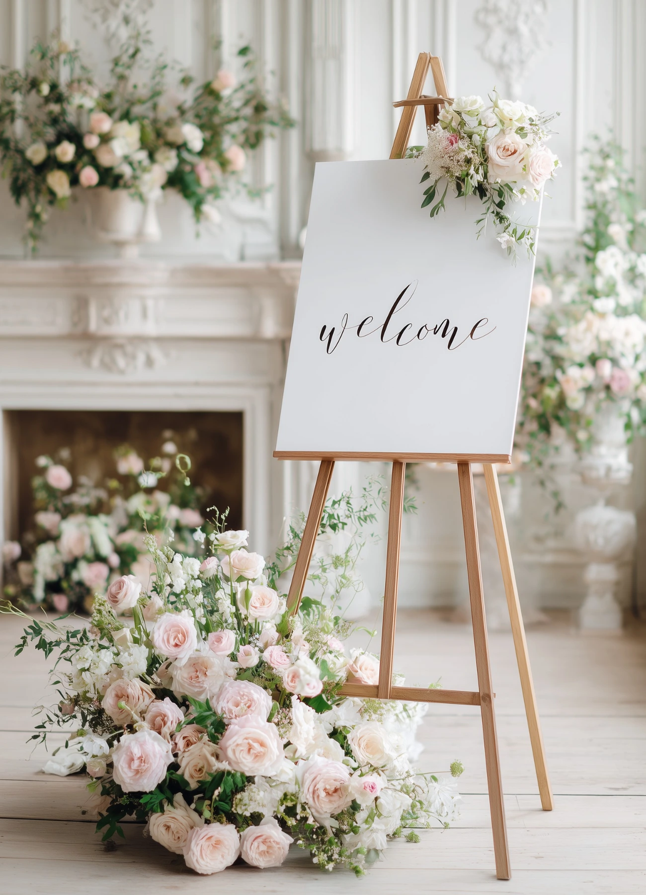 Elegant blog cover image featuring a wedding welcome sign with flowers.