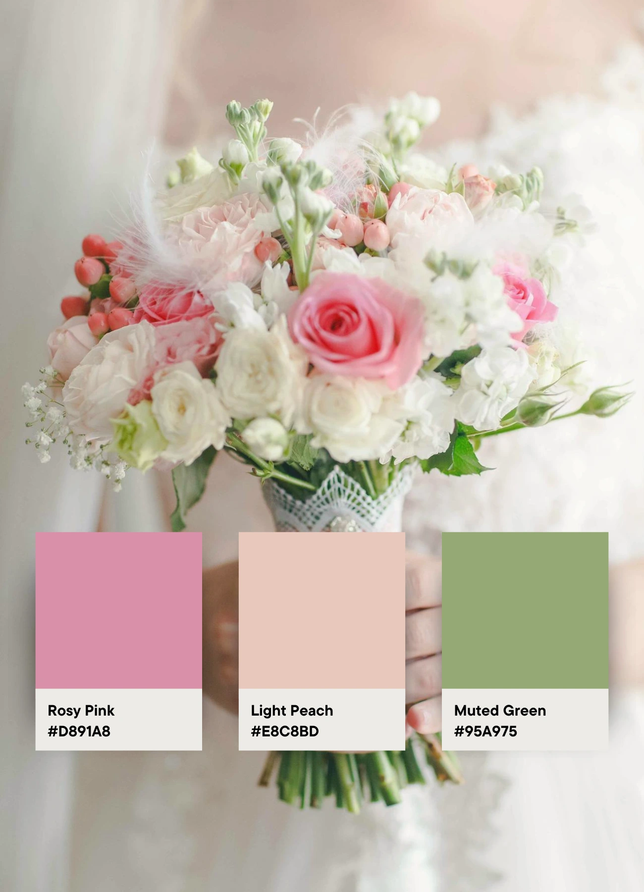 Elegant bouquet image showcasing a color palette of rosy pink, light peach, and muted green.