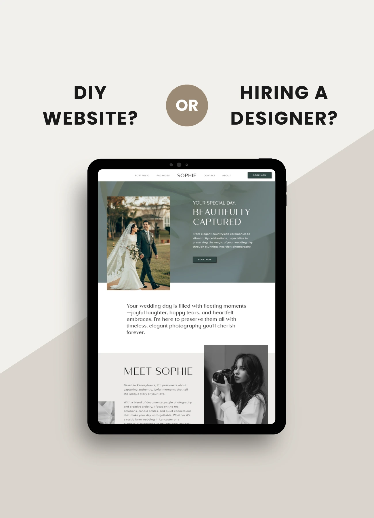 Blog graphic with text ‘DIY Website? or Hiring a Designer?’ and a tablet mockup of a wedding photographer’s website.