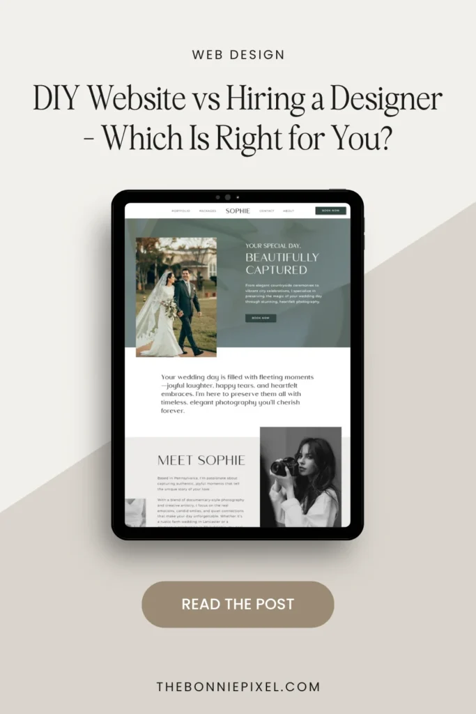 Pinterest graphic promoting a blog post titled ‘DIY Website vs Hiring a Designer – Which Is Right for You?’ showing a tablet mockup of a wedding photographer’s website, with a button labeled ‘Read the Post’.