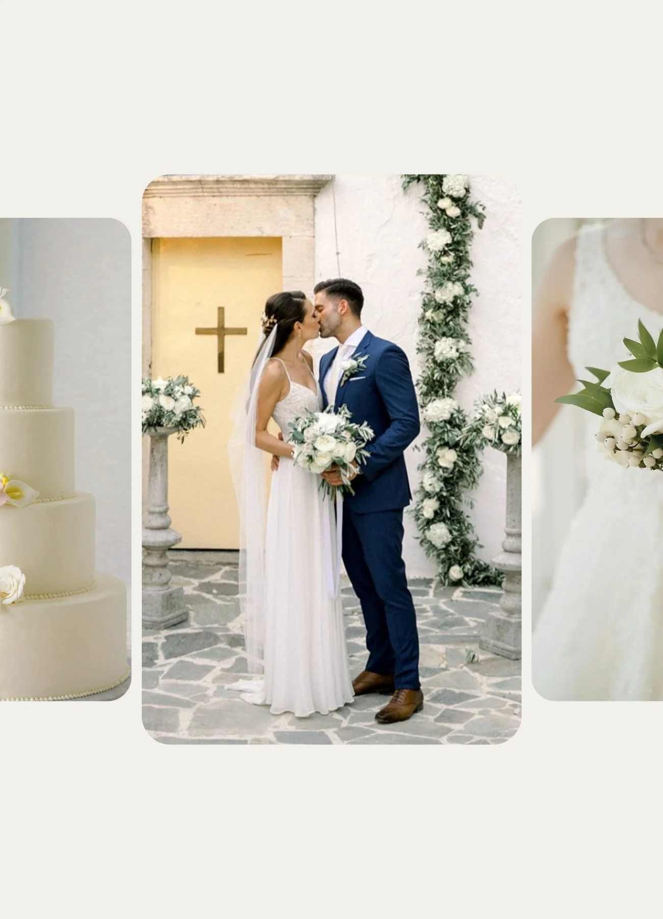Elegant blog graphic featuring a three-image collage of a white tiered wedding cake, a bride and groom kissing outside a church decorated with white flowers, and a close-up of a bride holding a white rose bouquet.