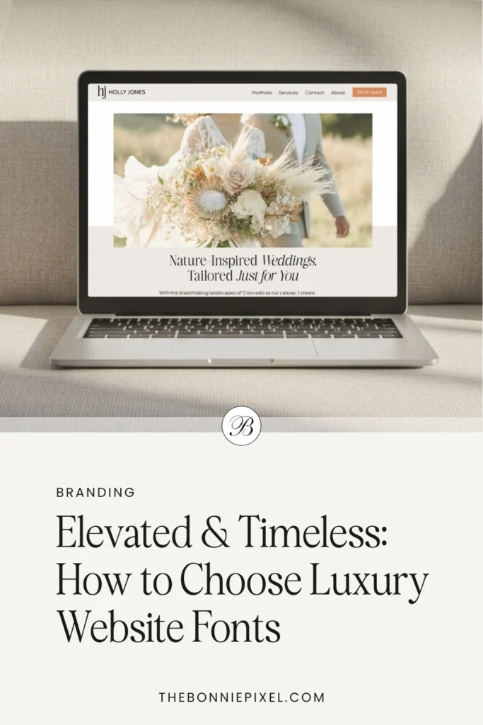 A laptop displaying a wedding website with elegant serif typography and a soft, neutral color palette sits on a beige couch. Below the laptop, the text reads “Branding — Elevated & Timeless: How to Choose Luxury Website Fonts”.