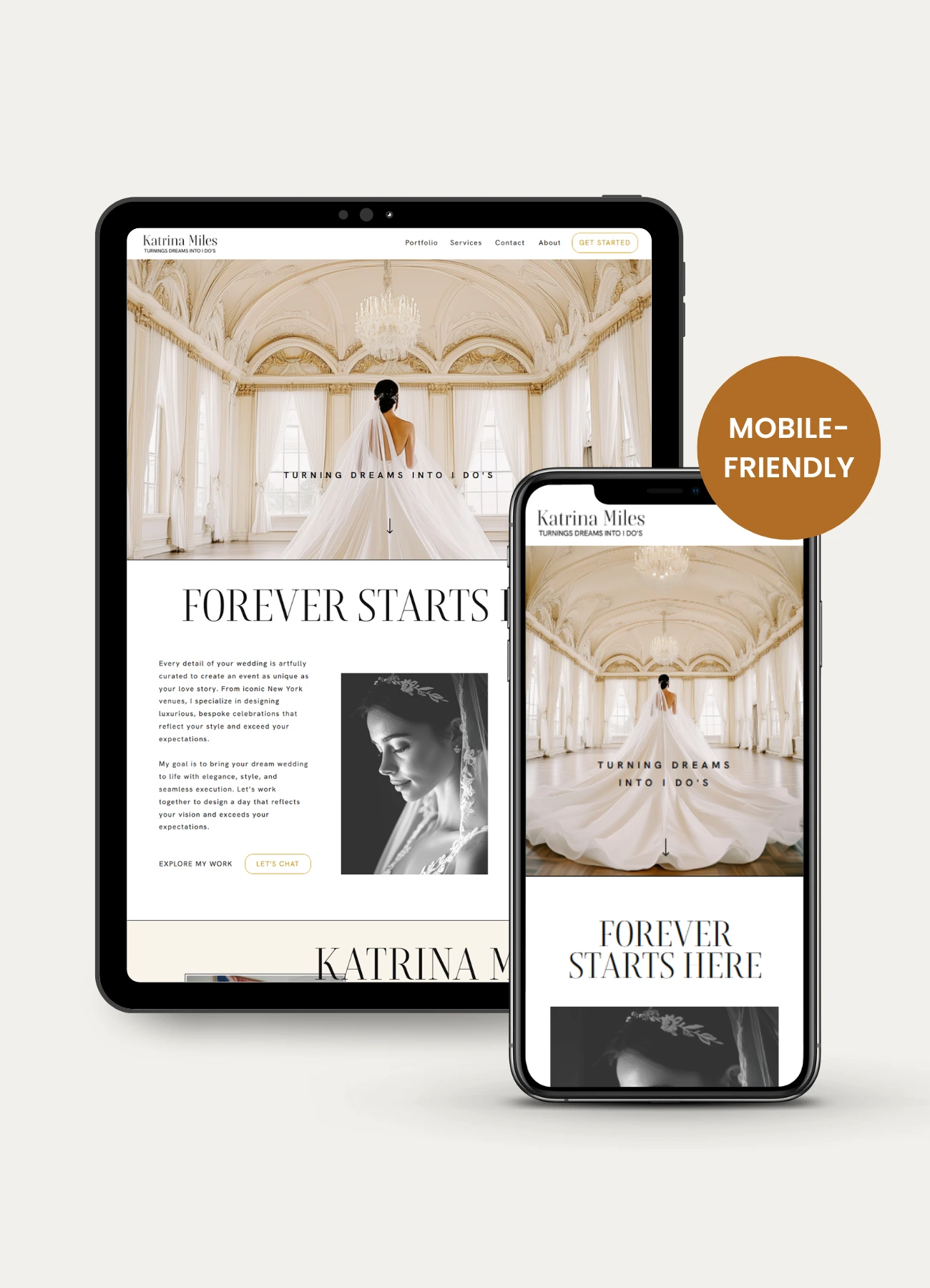 A wedding planner website which features an elegant bride in a grand venue is displayed on a tablet and smartphone, demonstrating a mobile-friendly design.
