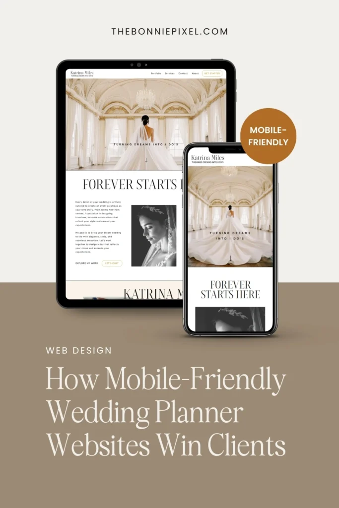 A wedding planner website which features an elegant bride in a grand venue is displayed on a tablet and smartphone, demonstrating a mobile-friendly design, and a heading text below reads “How Mobile-Friendly Wedding Planner Websites Win Clients”.
