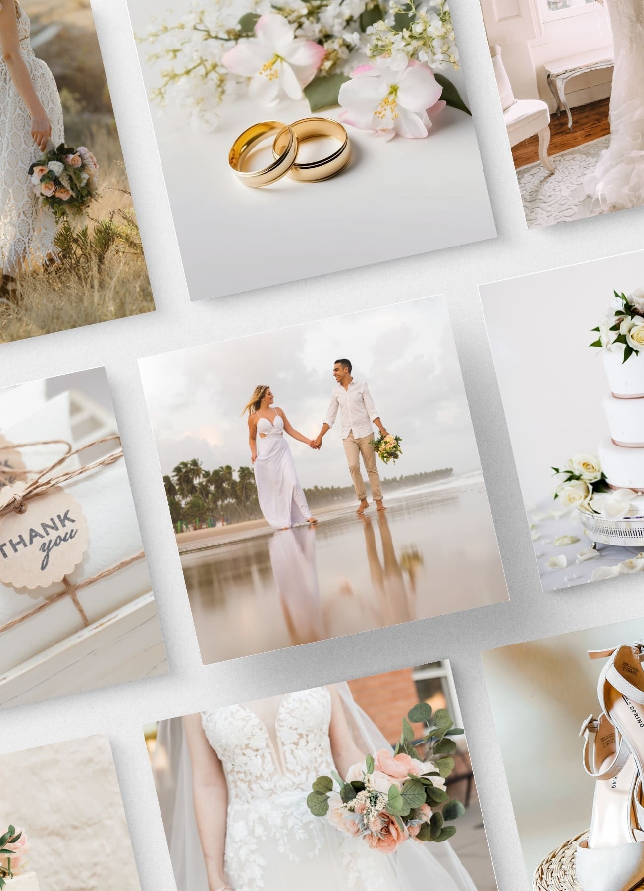 A collage of wedding-themed photos, including a couple walking on the beach, wedding rings, flowers, a cake, and detail shots of wedding decor.