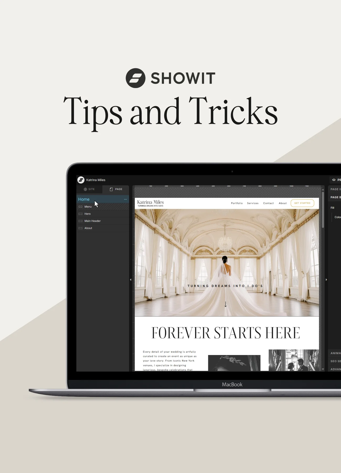 Showit website editor displayed on a laptop screen, featuring a wedding professional website with elegant bridal imagery and a clean layout.