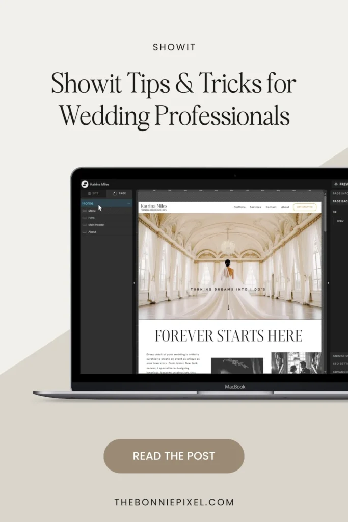 Showit website editor displayed on a laptop screen, featuring a wedding professional website with elegant bridal imagery and a clean layout, with a title "Showit Tips & Tricks for Wedding Professionals" at the top.